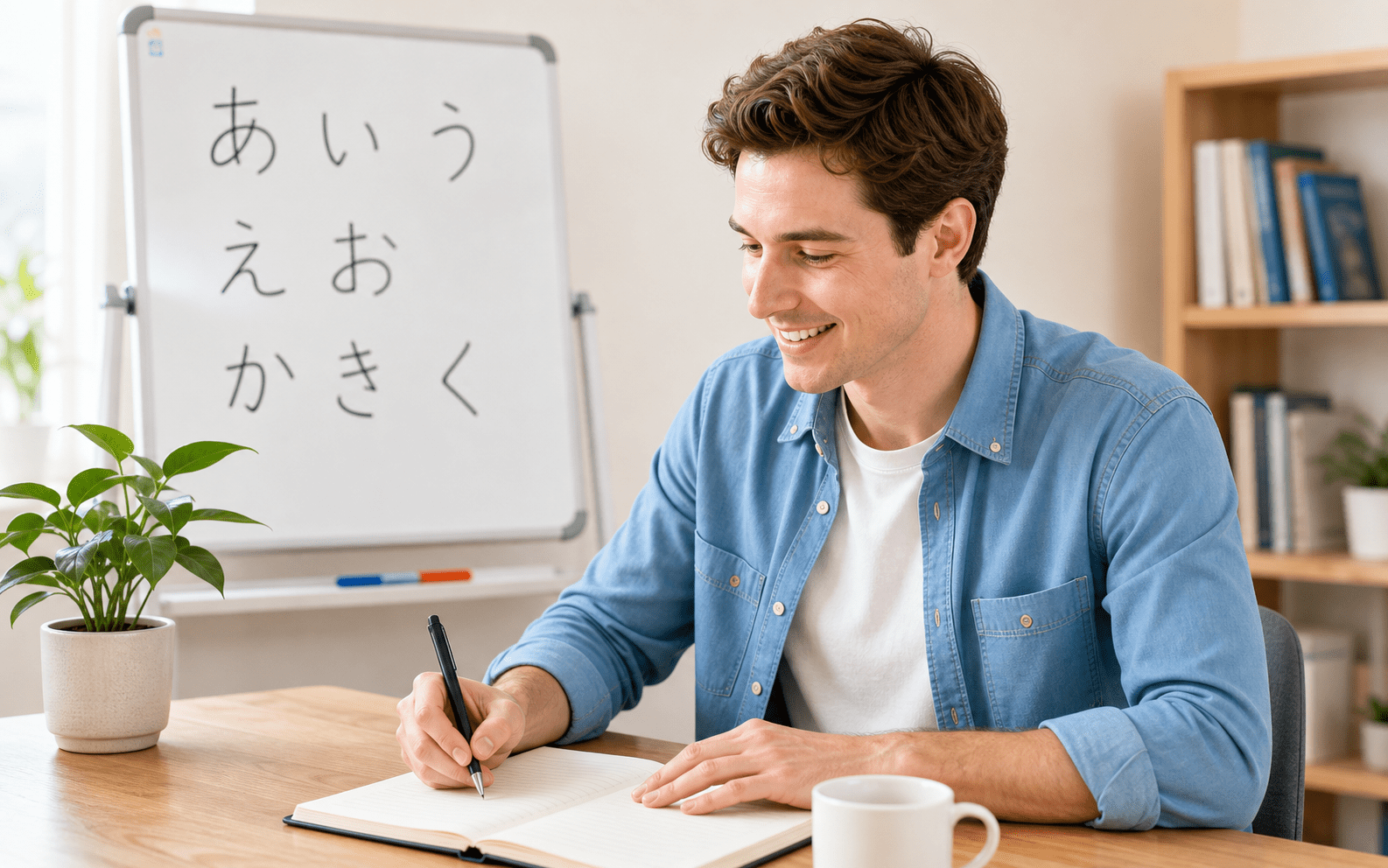 ひらがなを学ぶ白人男性の写真