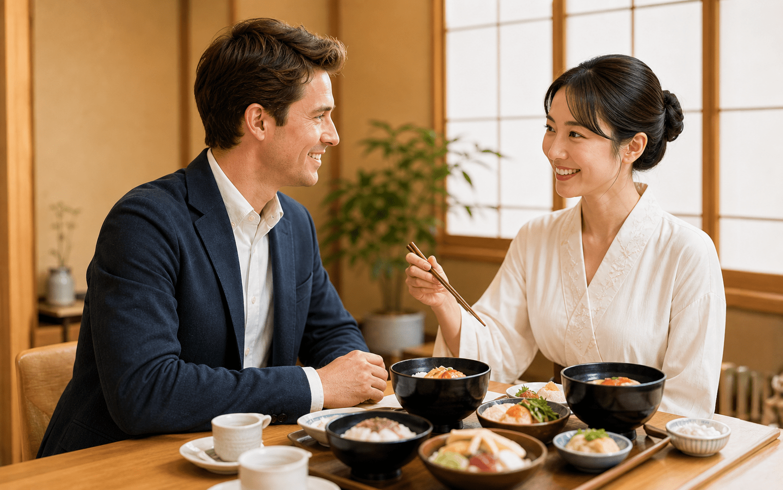 日本の食事マナーを学ぶ白人男性の写真