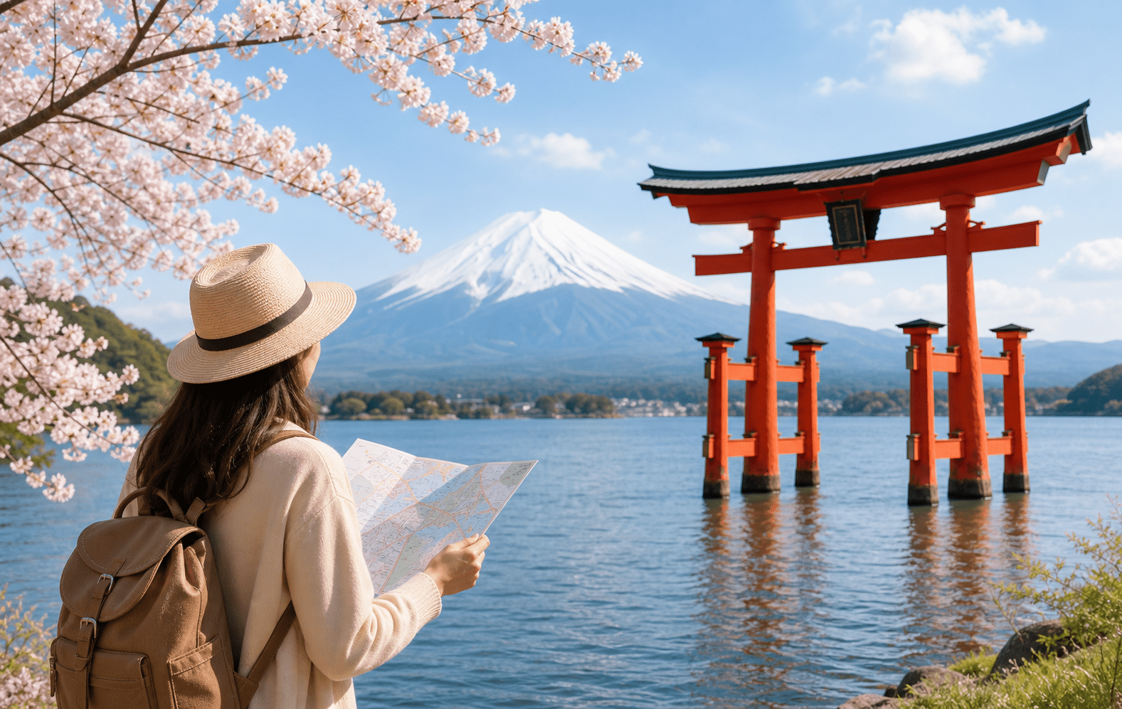 富士山と鳥居を眺める旅行者の写真